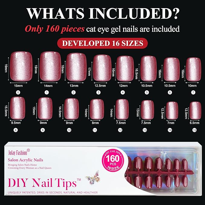 Wine Red Cat Eye Christmas Press on Nails Short - Translucent Red, Jofay Fashion 5 Set Short Square Fake Nails Acrylic False Nails Reusable Full Cover Stick on Nails for Women Girls Gift
