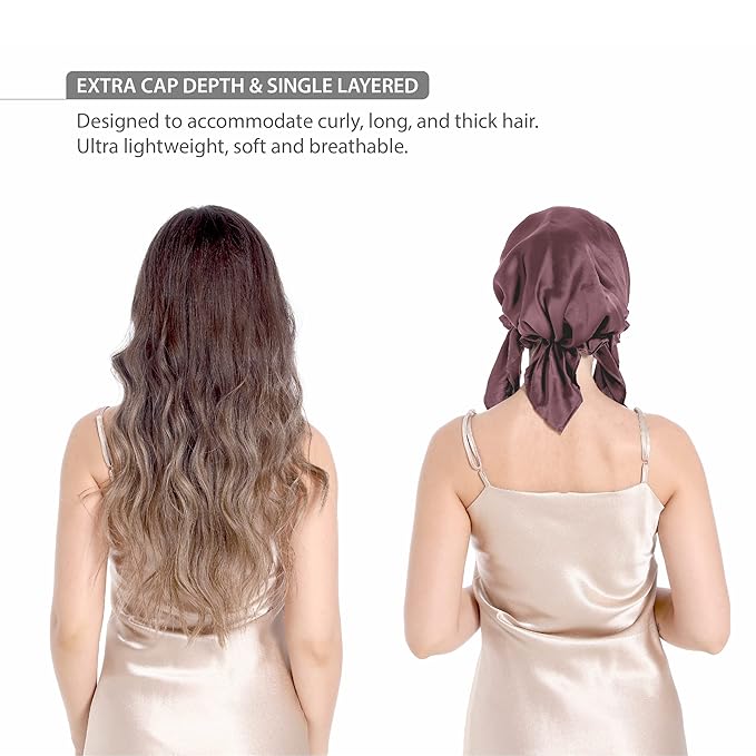 100% Silk Bonnet for Sleeping, Hair Bonnet with Tie Band, Large Silk Sleep Cap for Curly Hair, Silk Hair Wrap for Hair Care (Mauve)