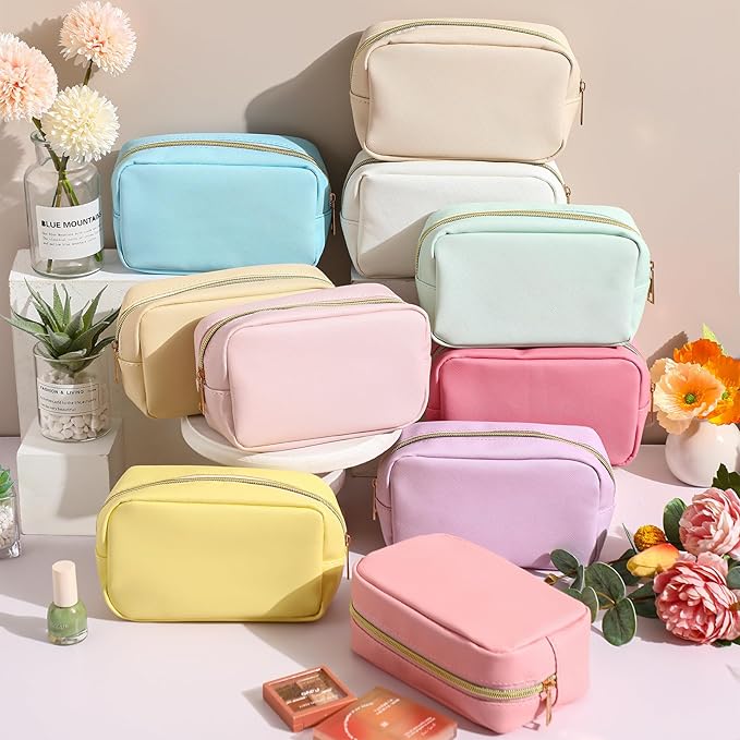 Sweetude 10 Pcs Preppy Makeup Bag Bulk Cosmetic Bag Bridesmaid Gift Wedding Day Bachelorette Party Favor Toiletry Pouch DIY PU Leather Skincare Pouch for Women(Classic Color)