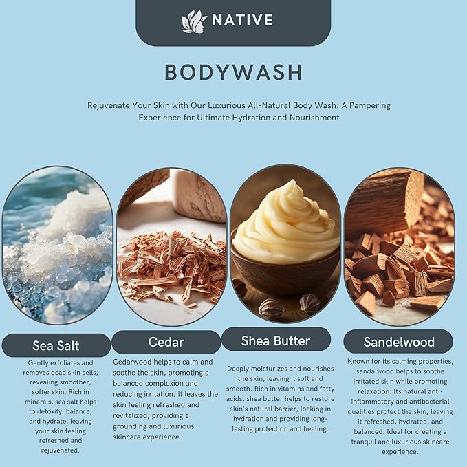 Native Body Wash, 2 Pack - Sandelwood and Shea Butter & Sea Salt and Cedar 18oz Clean Body Cleanser, Sulfate-Free, Paraben-Free Formula for All Skin Types