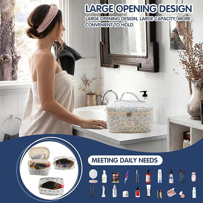 Quilted Floral Makeup Bag 3PCS, Cute Cotton Coquette Aesthetic Travel Toiletry Bag, Zipper Cosmetic Pouch, Daily Travel Use Skincare Bag, Large Capacity (Blue Ink Floral)