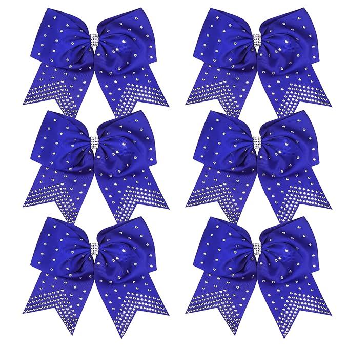 8 Inch Cheerleader Bows Ponytail Holder with Bling Fling Rhinestones Hair Tie Cheerleading Bows 6 Pcs (Royal Blue)
