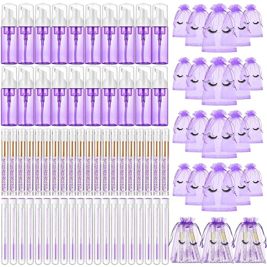 Zhehao 80 Pcs Lash Shampoo Bottle Brushes Kit 20 Foam Pump Dispensers 20 Lash Shampoo Brushes 20 Eyelash Aftercare Bag 20 Cleaning Pipes, Eyelash Extension Supplies(Purple)