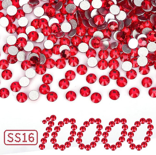 10000PCS Red Rhinestones Bulk, Flat Back Crystal Glass Stone Round Gems,SS16, 3.8-4.0mm