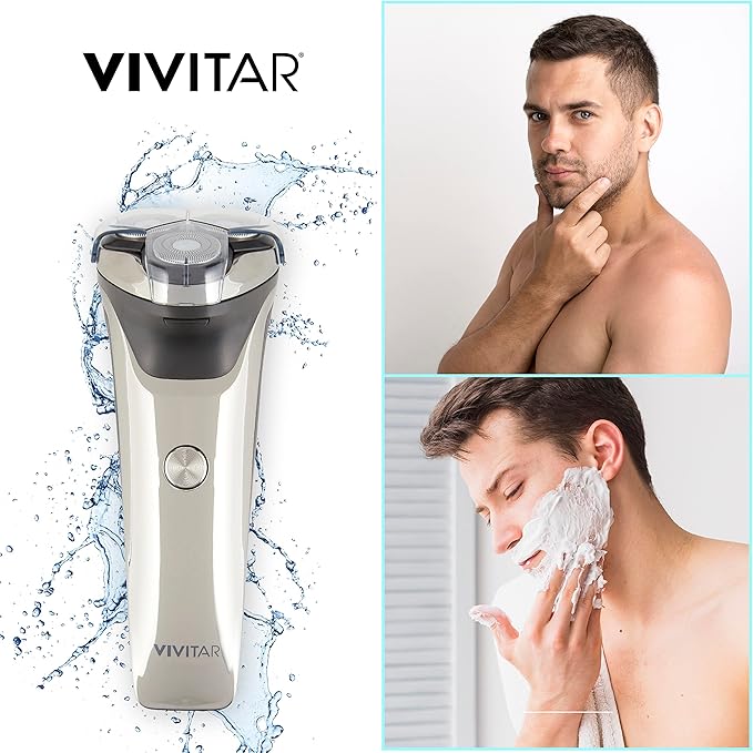 VIVITAR Metallic Cordless 3 Head Rotary Shaver, Cordless Electric Rotary Shaver for Men with Three Independently-Floating Heads, Pop-up Trimmer, and Stainless Steel Blades for Wet and Dry Uses