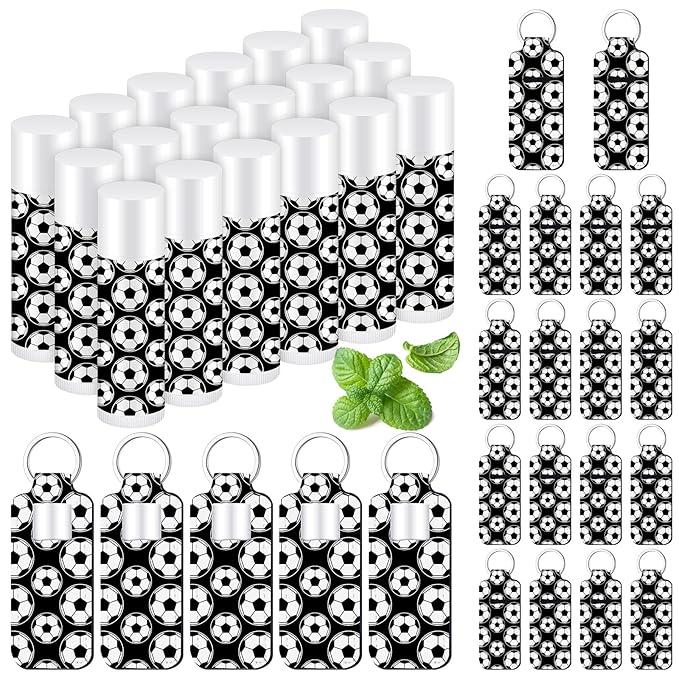 18 Sets Party Favors Lip Balm and Lipstick Holder Keychain Bulk Sport Ball Team Gifts Natural Moisturizing Lip Balm Keychains Pouch for Team Gifts Sports Party Supplies(Soccer)