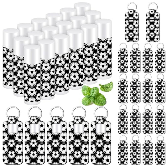 18 Sets Party Favors Lip Balm and Lipstick Holder Keychain Bulk Sport Ball Team Gifts Natural Moisturizing Lip Balm Keychains Pouch for Team Gifts Sports Party Supplies(Soccer)