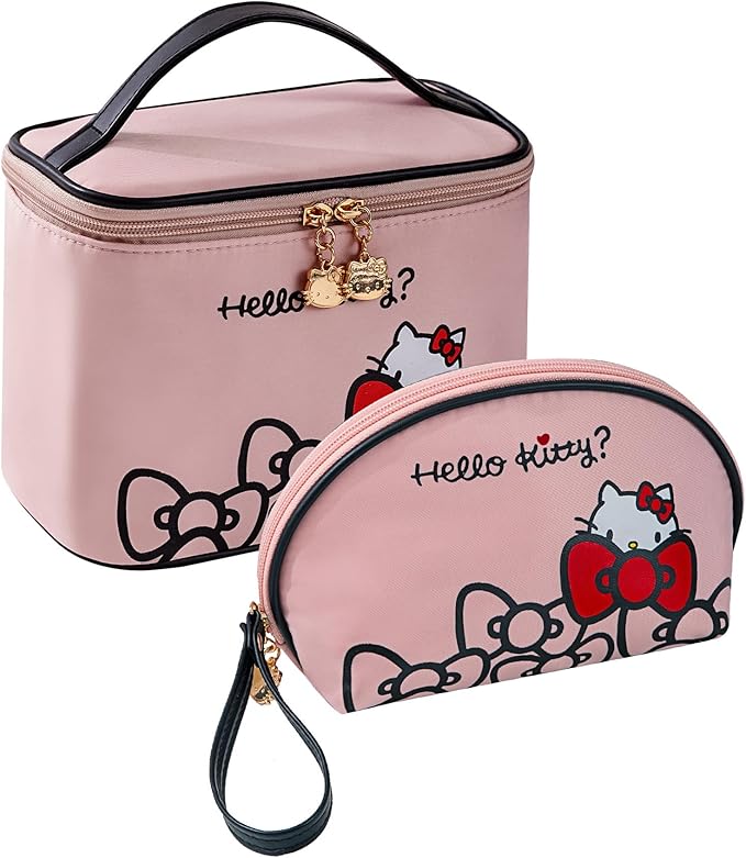 AmBealla Travel Makeup Bag Large Cosmetic Bags with Brush Holder, Pink Waterproof 2PCS Portable Cosmetic Case for Women, Toiletry Storage Bag for Skincare & Beauty Tools for Girls