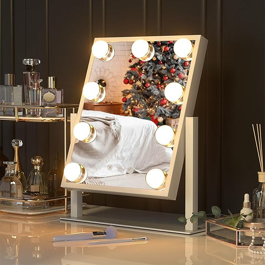 10" x 12" Vanity Mirror with Lights, 360°Rotation Tabletop Makeup Mirror with 9 LED Lights Bulbs, Portable Travel Mirror with 3 Color Lighting Modes, Mirror with Lights for Bedroom, White