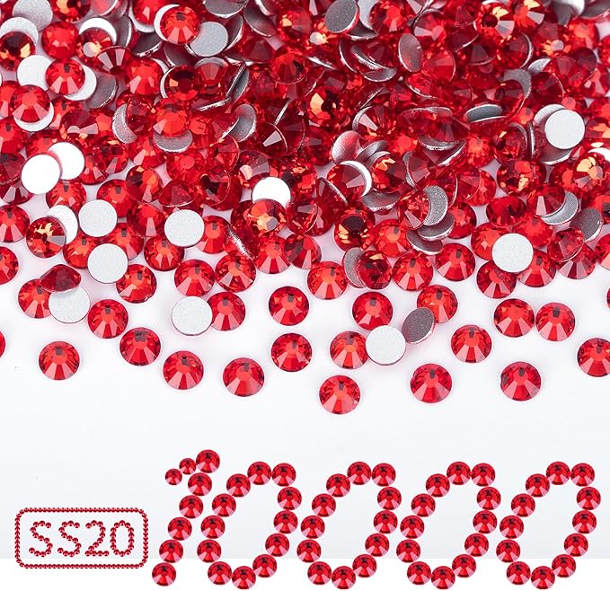 10000PCS Red Rhinestones Bulk, Flat Back Crystal Glass Stone Round Gems,SS20, 4.6-4.8mm
