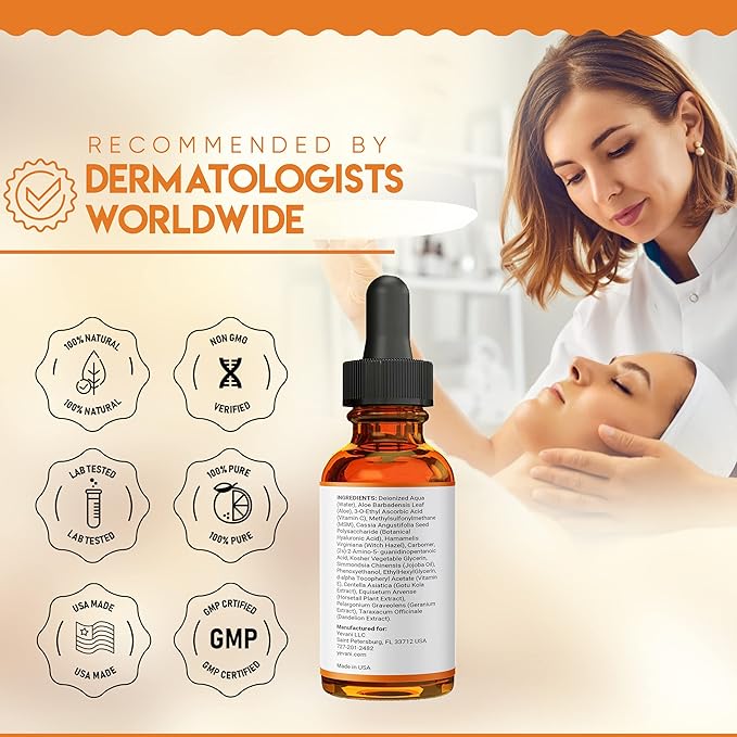 100% Pure Vitamin C Serum for Face with Hyaluronic Acid, Eye Area, Dark Spots, Anti Aging, Hydrating Skin Care with Vitamin E, Aloe Vera, Jojoba Oil, Dry Skin, Fine Lines, Wrinkles, 2 FL OZ