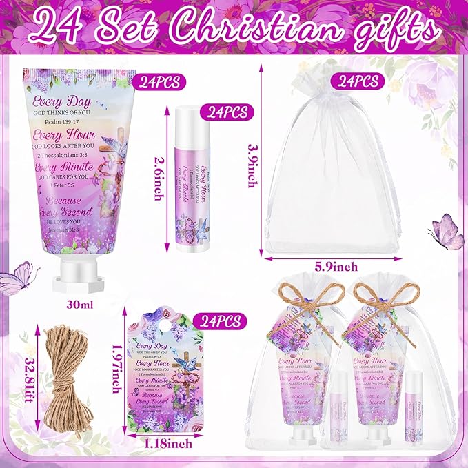 24 Sets Christian Hand Cream and Lip Balm Gift Set Christmas Christian Gift for Women Travel Size Hand Lotion Bible Verse Lip Balm Bulk for Baby Bridal Shower Mom Holiday Gift(Cross)