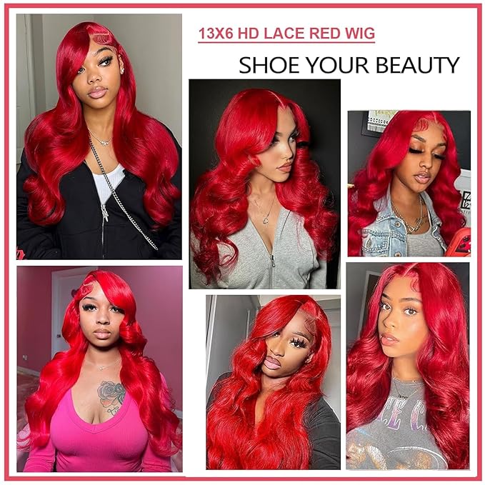 34 Inch Red Lace Front Wigs Human Hair Burgundy Red Body Wave Wig 13x6 Hd Lace Frontal Wig Human Hair Pre Plucked with Baby Hair 180% Density Wear and Go Glueless Wigs for Women