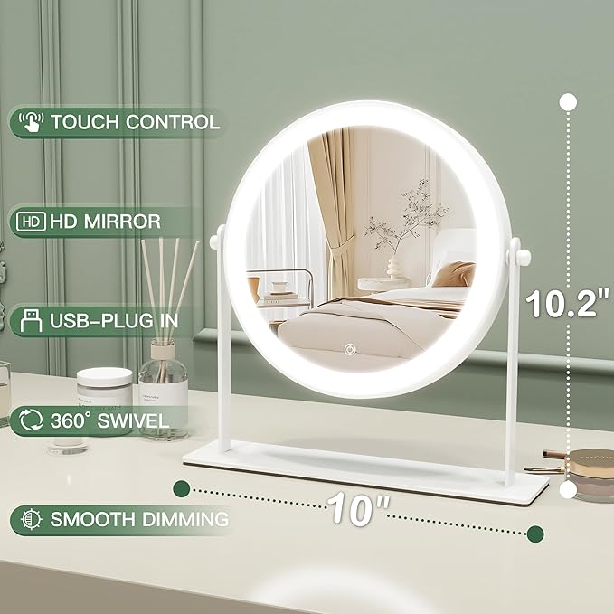 10"x10" Lighted Makeup Mirror, Vanity Mirror with Lights, Dimmable Touch Screen, Light up Mirror, Portable Travel Mirror, Cosmetic Mirror for Makeup Desk, 360° Rotation, Women Gift