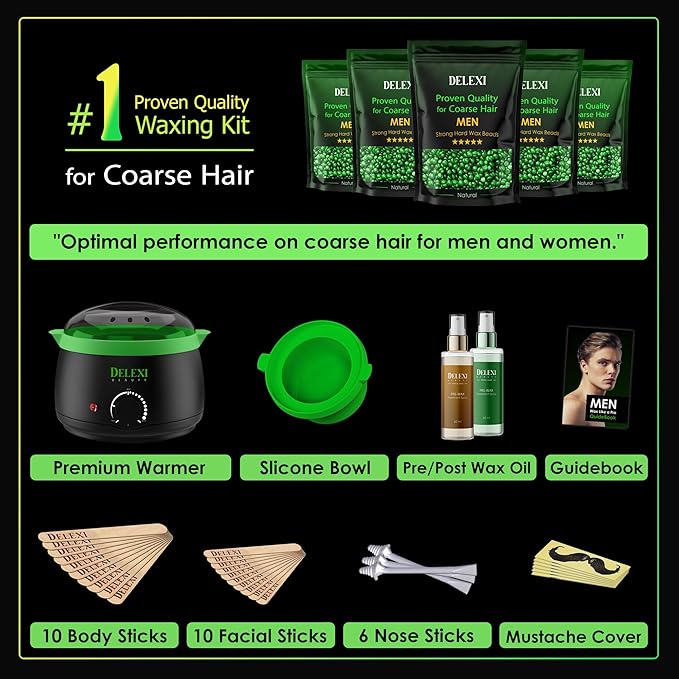 All-in-One Waxing Kit for Men – Complete Hard Wax Kit for Hair Removal, Body & Face, Home Waxing Warmer for Brazilian & Bikini, Includes Wax Pot, Wax Machine & Accessories