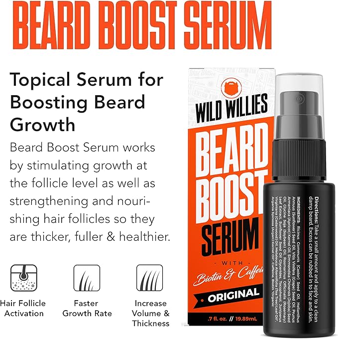 Wild Willies Beard Growth Kit - Capsules & Boost Serum - Natural Growth Oil With Biotin & Caffeine - Vitamins for Fuller, Thicker Beard - 60 Capsules - For Men