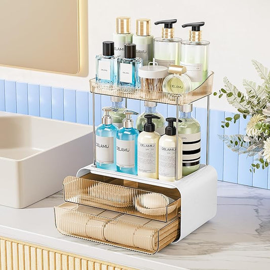 Delamu Bathroom Counter Organizer 2-Drawers 2-Tier Acrylic Makeup Organizer for Vanity Countertop, Skincare Perfume Storage, Easy Assembly, Ideal Gift for Women Amber