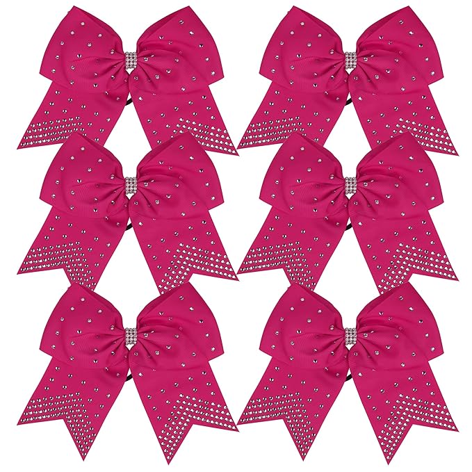8 Inch Cheerleader Bows Ponytail Holder with Bling Fling Rhinestones Hair Tie Cheerleading Bows 6 Pcs (Shocking Hot Pink)