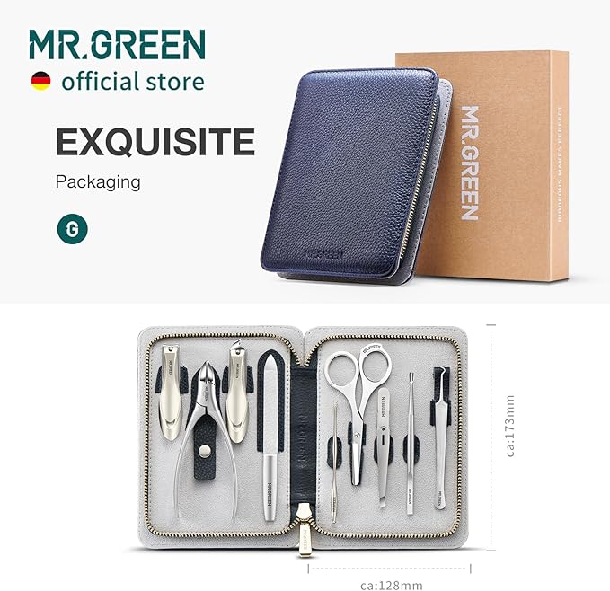MR.GREEN Innate Luxury Manicure Set Surgical Grade Scissors Stainless nail clipper Kit full grain cow leather package Pedicure (9 in 1 Manicure Set)