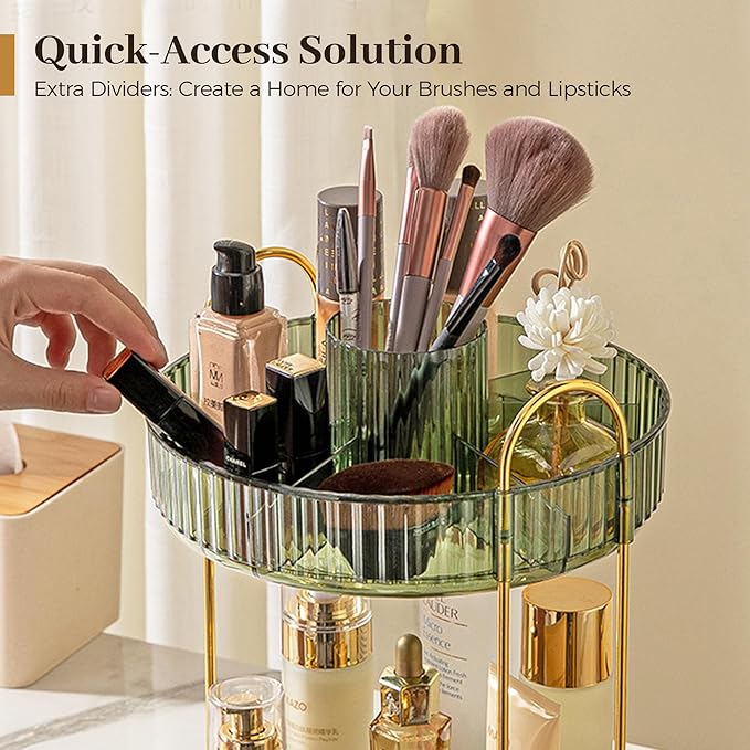 Aveniee Rotating Makeup Organizer for Vanity, Upagraded Perfume Skincare Bathroom Counter Organizers with Brush Divider, 2 Tier Spinning Lipstick Cosmetic Lotion Storage(Green)