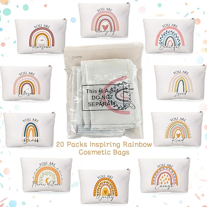 Coume 20 Pcs Inspirational Rainbow Canvas Makeup Bags Bulk Appreciation Quotes Cosmetic Bags Zipper Personalized Encouragement Travel Pouch Toiletry Bag for Women Teacher Nurse Friend(Rainbow)