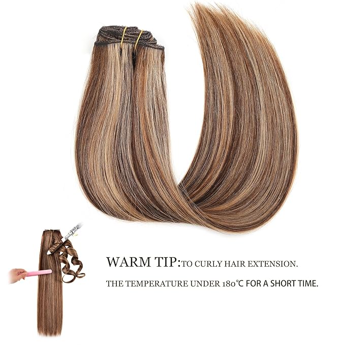 Clip in Human Hair Extensions, Double Weft 70g 7pcs Straight 14Inch 16Clips Real Hair Extensions #4/27 Chocolate Brown to Caramel Blonde