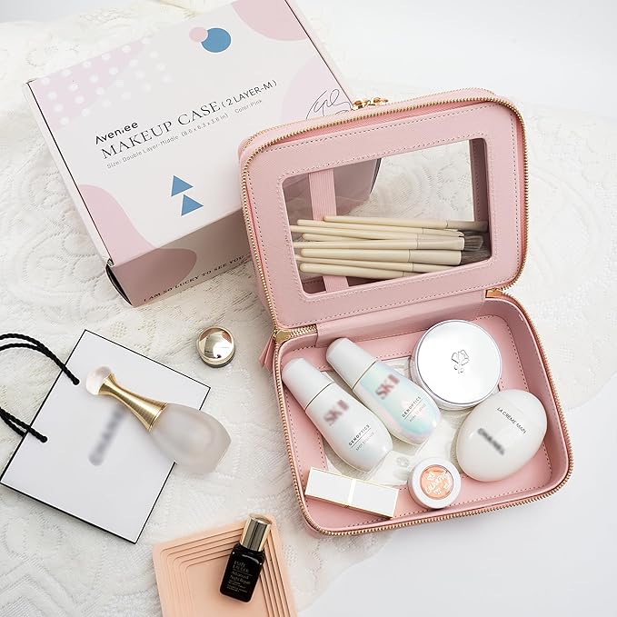 Aveniee Large Clear Makeup Bags, Double Layer Cosmetic Bags with Separate Brush Compartment, Travel Toiletry Bag Cosmetic Train Case, Travel Accessories Organizer for Women(2 Layers, Pink)