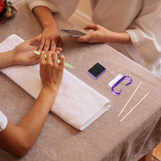 100 Sets Professional Disposable Manicure Kit Basics 4 Piece Nail Kit Wood Nail File 100/180 Grit, Mini Buffer 80/100 Grit, Wood Stick and Handle Grip Brush Gifts(Purple)