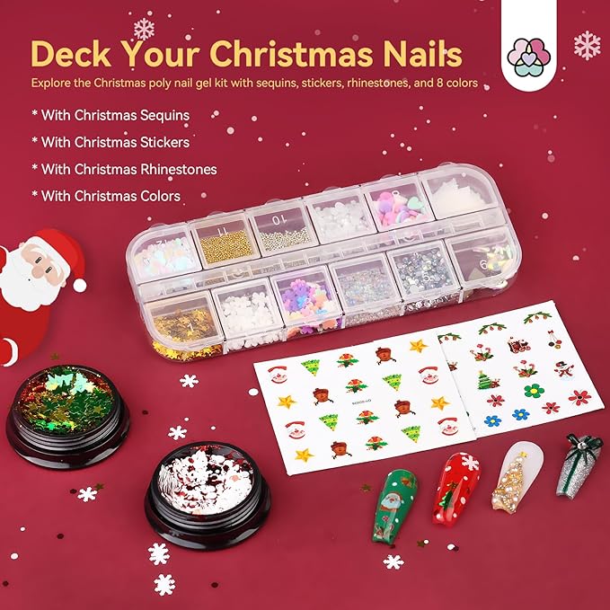 Saviland Christmas Poly Nail Gel Kit with U V Light: 8 Colors Poly Nail Gel Nail Kit Extension Slip Solution Nail Brush UV Nail Lamp Basic Tools Nail Art for Beginners Home DIY Christmas Gift