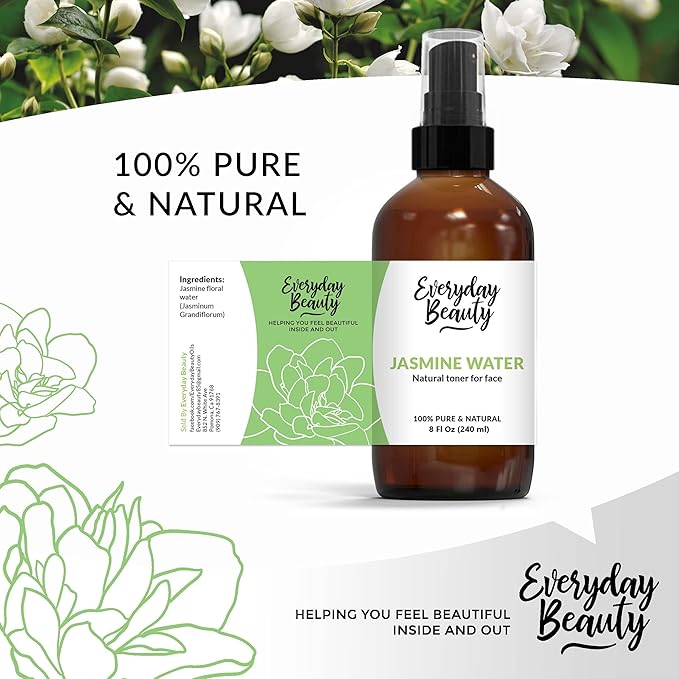 Jasmine Water Facial Toner - All Natural Hydrating Spray Mist for Face and Hair - 100% All Natural Jasmine Water Hydrosol 8oz with Fine Mist Cap
