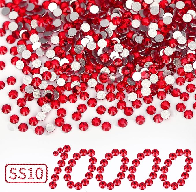 10000PCS Red Rhinestones Bulk, Flat Back Crystal Glass Stone Round Gems,SS10, 2.7-2.9mm