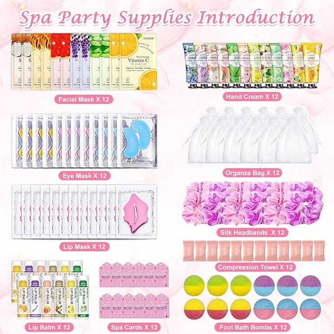 108 PCS Spa Party Supplies for Women, Spa Party Favors Include Face Masks Skincare, Hand Cream, Lip Balm, Under Eye Patches, Lip Mask and Foot Bath Bombs, Spa Birthday Sleepover Party Supplies