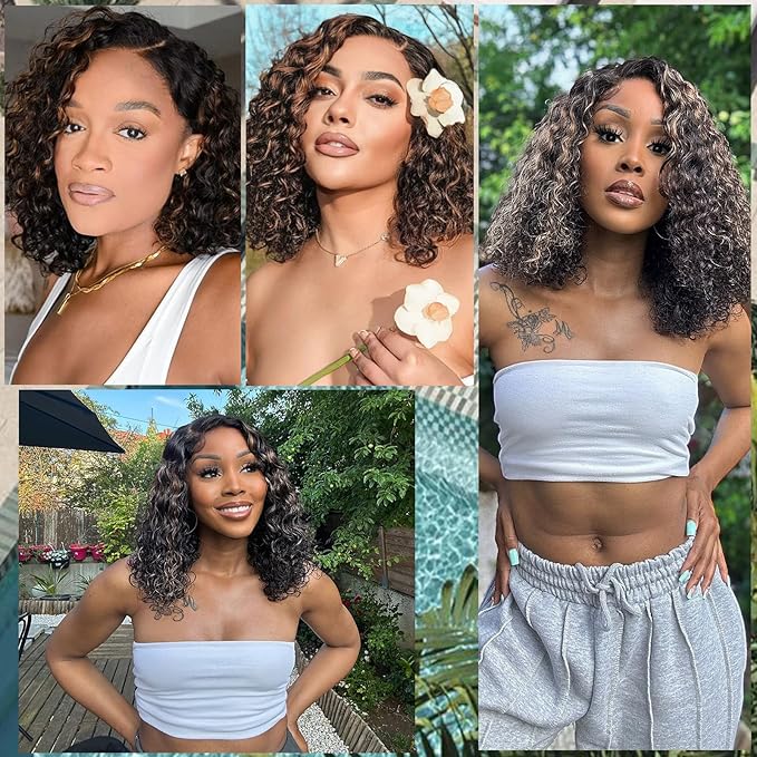 5×5 Closure Bob Wig Human Hair 10 Inch Glueless Wigs Human Hair Pre Plucked Pre Cut Short Curly Wig Water Wave C Part Balayage Ombre Wigs for Black Women P1B/30