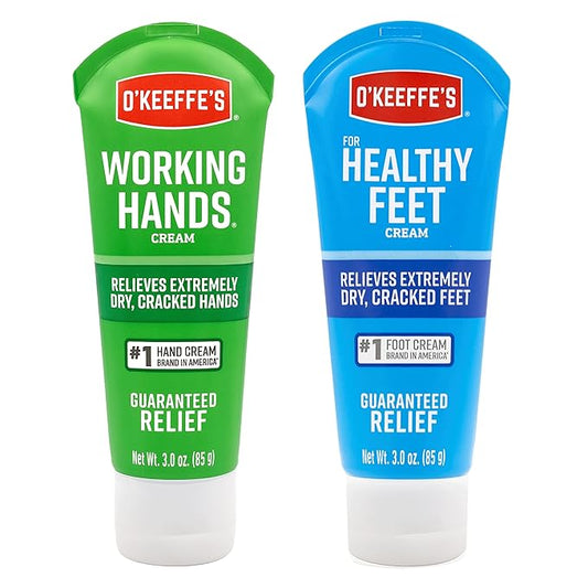 O'Keeffe's Working Hands Hand Cream (3 oz Tube) and Healthy Feet Foot Cream (3 oz Tube) - Repairing Skincare for Extremely Dry, Cracked Hands and Feet, Travel Size
