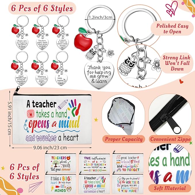 24 Pcs Teacher Appreciation Gift from Students 2025 Teachers' Day Thank You Gifts Bulk 24 oz Plastic Tumbler Cup Makeup Cosmetic Bag with Zipper Crew Sock Keychain for Retirement(Rainbow)