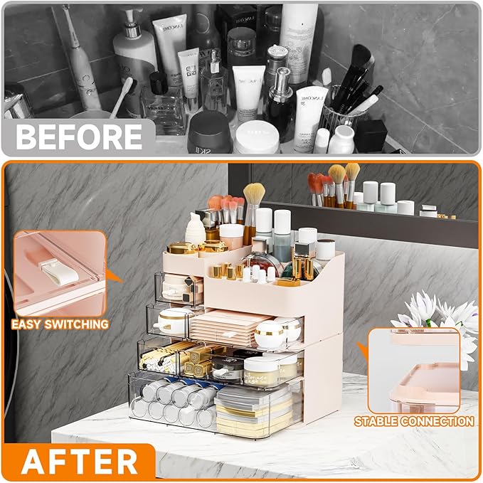 SuoXing Makeup Organizer for Vanity,Large 6 Drawers Make up Organizers for Counter,Plastic Cosmetic Storage Organizer for Dresser Countertop or Bathroom,Beauty Holder for Lipstick,Brush,Skincare,Pink