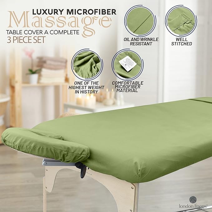 LONDON LINENS Soft Microfiber 3-Piece Massage Table Sheets - Super Lightweight, Stain and Wrinkle Resistant - Includes Table Cover, Fitted Sheet, and Face Rest Cover (Sage Green)