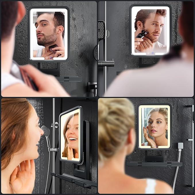 Shower Mirror Fogless for Shaving, Anti Fog Bathroom Mirror with Light, Heated Fog Free Shaving Mirror, 5000mAh Rechargeable Battery with 2 Razor Holders & Storage Tray, 3-Color Dimmable