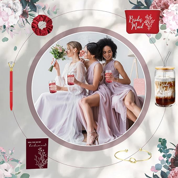 Irenare 36 Pcs Bridesmaid Proposal Gifts Bridal Shower Gifts 16 oz Glass Cup Cosmetic Makeup Bags Invited Cards Scrunchies Hair Knotted Bracelets Diamond Pens Favors for Wedding (Red)