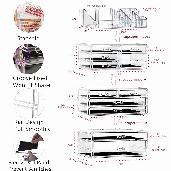 Cq acrylic 4 Pack Clear Skincare Organizer for Vanity,Stackable 11 Drawers Make Up Organizer,Cute Cosmetic Organizer for Vanity Jewelry,Hair Clip,Beauty,Skincare Product Dresser Acrylic Desk Organizer