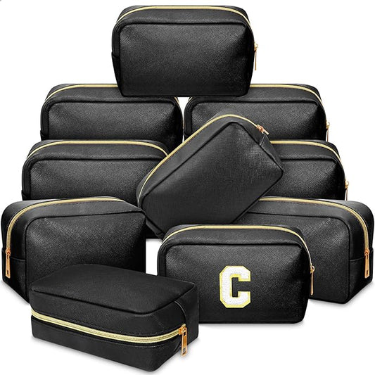 Sweetude 10 Pcs Preppy Makeup Bag Bulk Cosmetic Bag Bridesmaid Gift Wedding Day Bachelorette Party Favor Toiletry Pouch DIY PU Leather Skincare Pouch for Women(Black)