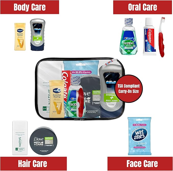 Travel Toiletries Kit Gift for Men, Travel Bag of Hygiene Essentials for Bath, Shaving and Personal Care, 8 Mini TSA Approved Items in Reusable Zipper Bag, Perfect for On-The-Go