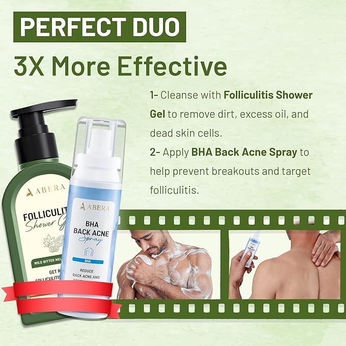 ABERA Folliculitis Shower Gel, BHA Back Acne Body Wash with Wild Bitter Melon Extract & Tea Tree Oil, Reduces Back Acne & Hyperkeratosis for Men & Women, Safe for All Skin Types, 10,14 fl oz