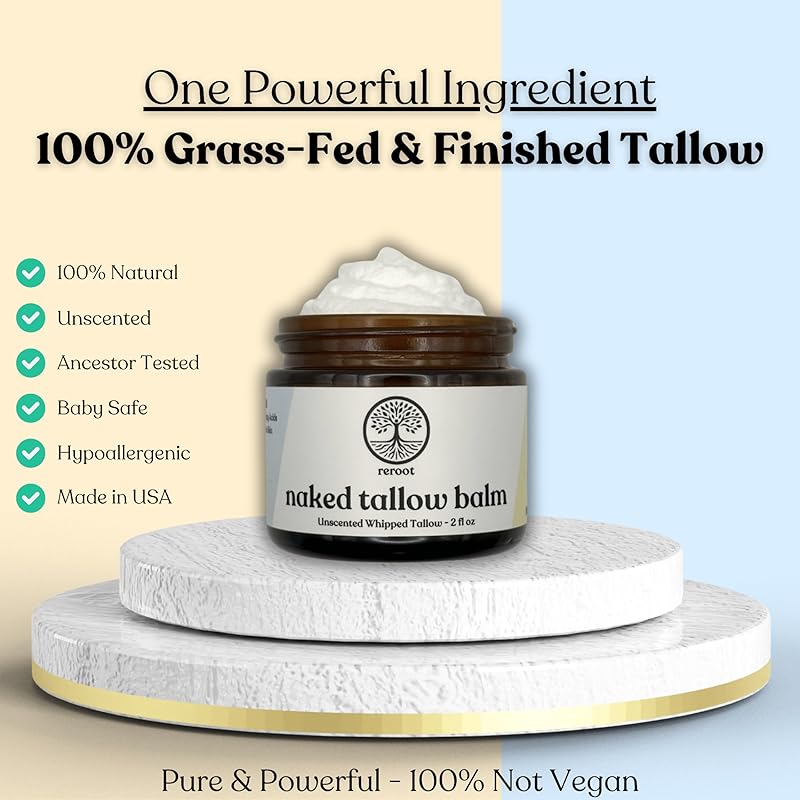 Handmade NAKED TALLOW BALM | 1 Ingredient - 100% Grass Fed Tallow | Whole Body & Face | Whipped & UNSCENTED for Sensititve Dry Skin, Babies, Eczema, Psoriasis, Rosacea (2oz)