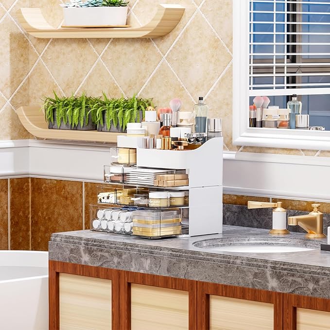 White Makeup Organizer With 6 Drawers,2 Pack Stackable Plastic Cosmetic Storage Organizer for Dresser and Vanity,Ideal for Beauty,Perfume,Brushes,Skincare Bathroom Organizers and Storage Counter