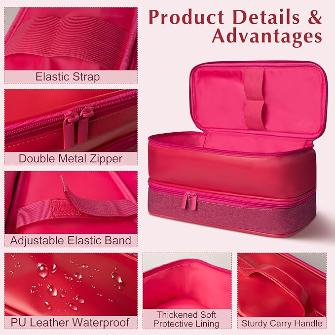 Travel Carrying Case for Shark Flex Style, Double Layer Hair Dryer Accessories Tools Storage Case, Waterproof PU Leather Organizer Bag for Shark Flexstyle/Dyson Airwrap Styler and Attachments (Pink)