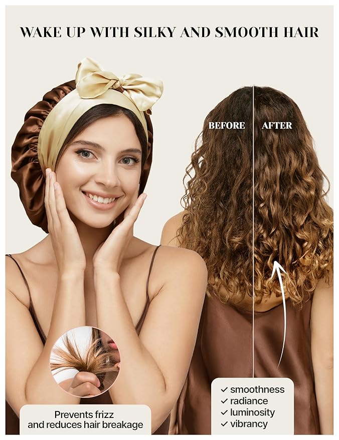 100% Mulberry Silk Bonnet for Sleeping Women with Curly Hair – Alternative to Double Layer Satin Bonnet with Tie Band Premium Silk Hair Wrap for Sleep with Wonder Loop Chocolate