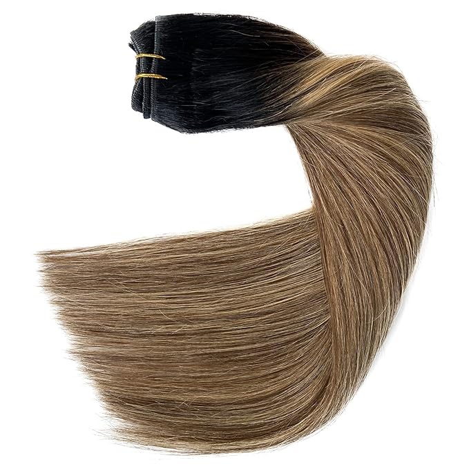 Sew In Real Humana Hair Extensions, Ombre Brown & Blonde Balayage Wefts - 22 Inch, 120G Hand-Tied Human Hair Bundles