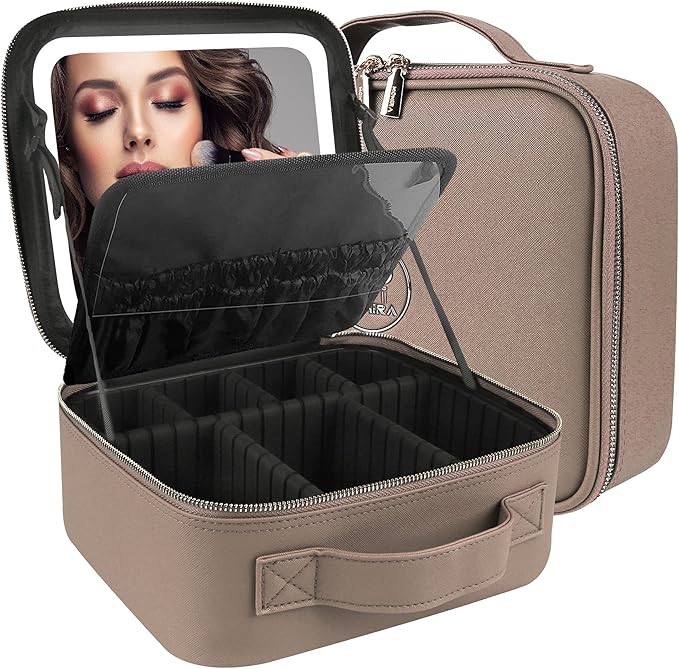 MOMIRA Travel Makeup Bag Cosmetic Bag Makeup Organizer Bag with Lighted Mirror, Adjustable Brightness in 3 Color Scenarios, Waterproof Makeup Train Case, Gift for Women - Deep Apricot