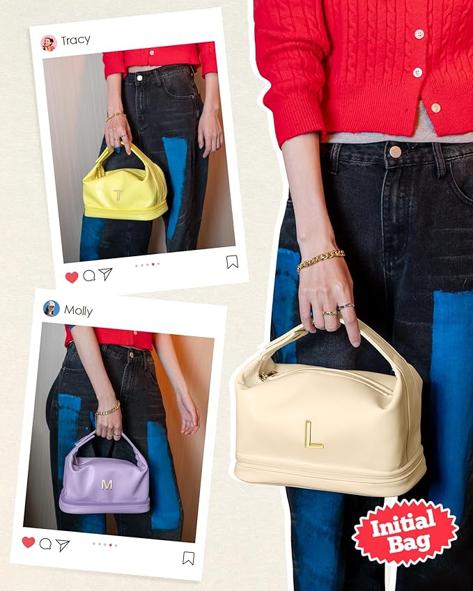 Personalized Makeup Bag, Initial Double Layer Cosmetic Bag with Makeup Brush Organizer, Waterproof, Large Capacity PU Leather Travel Toiletry Bag Retirement Gifts, Daughter Gifts